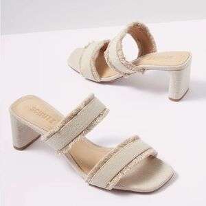 NWOB SCHUTZ Amely Mid Block Heel Fringe Linen Mule Sandals in Oyster size 7